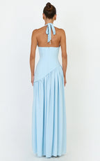 Calla Maxi Dress - Halter Neck Asymmetric Dropped Waist Dress in Blue