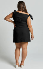 Jeofina Mini Dress - Off The Shoulder Linen Look Dress in Black