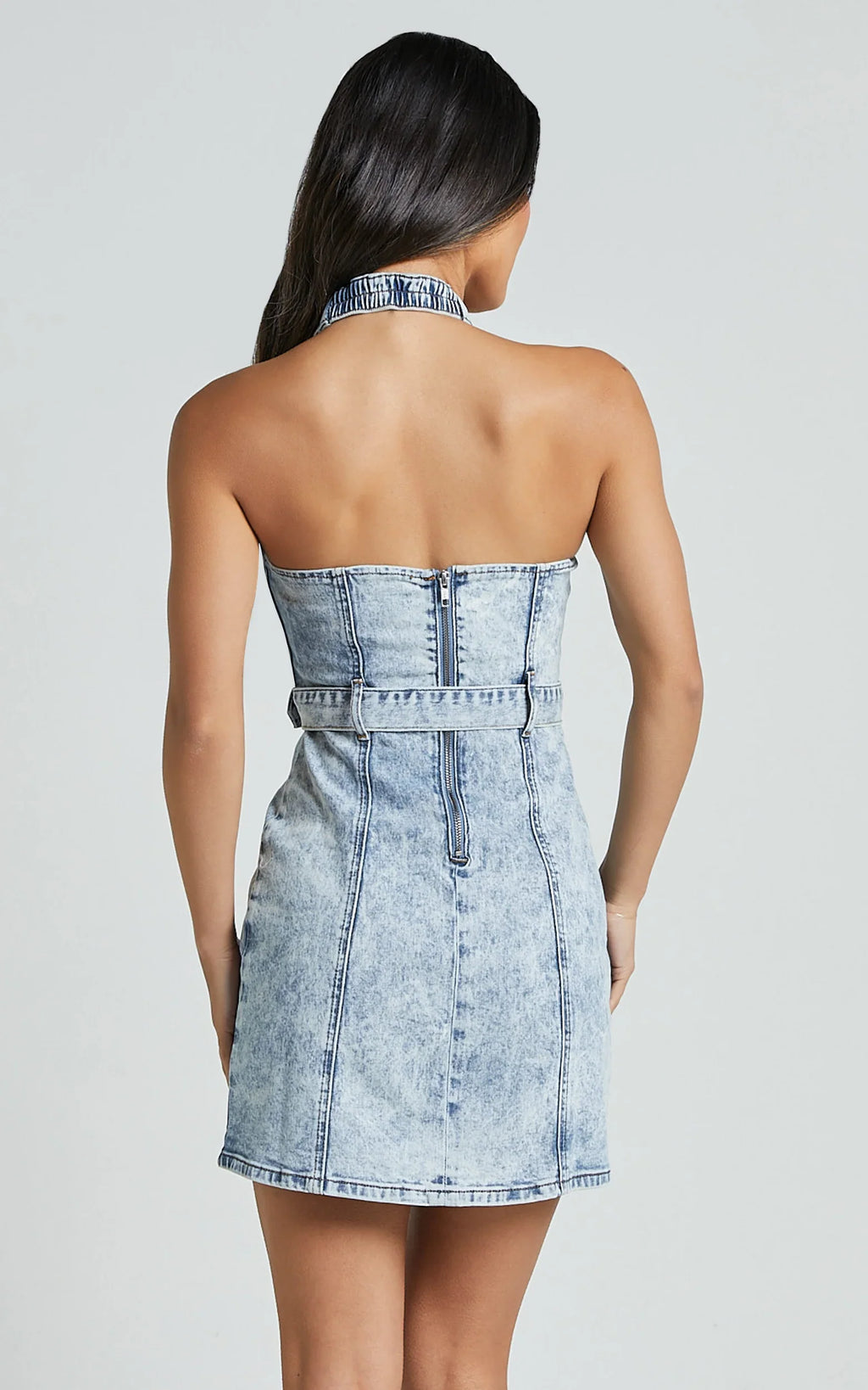 Izolda Mini Dress - Halter Neck Belted Bodycon Denim Dress in Light Blue Acid Wash
