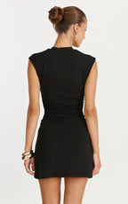 Evie Mini Dress - Cap Sleeve High Neck Ruched Side Dress in Black