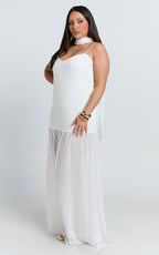 Calvin Maxi Dress - Linen Look Contrast Georgette Skirt with Neck Scarf in White