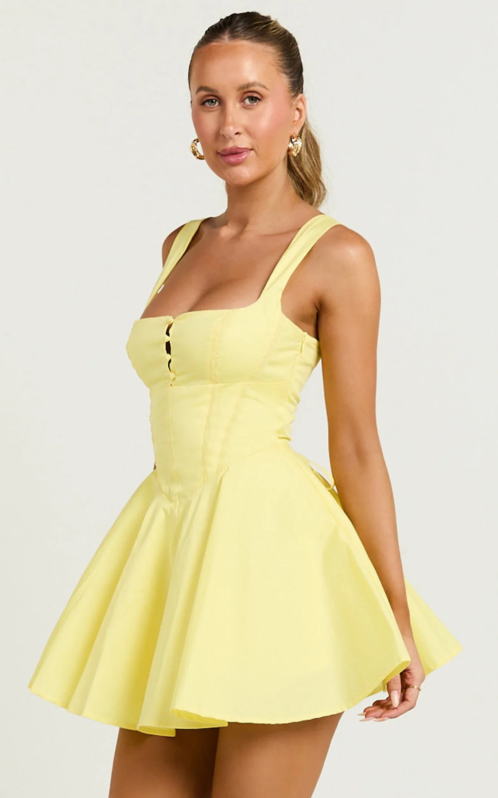 Indi Mini Dress - Square Neckline Lace Up Back Dress in Lemon