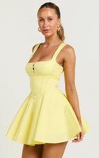 Indi Mini Dress - Square Neckline Lace Up Back Dress in Lemon