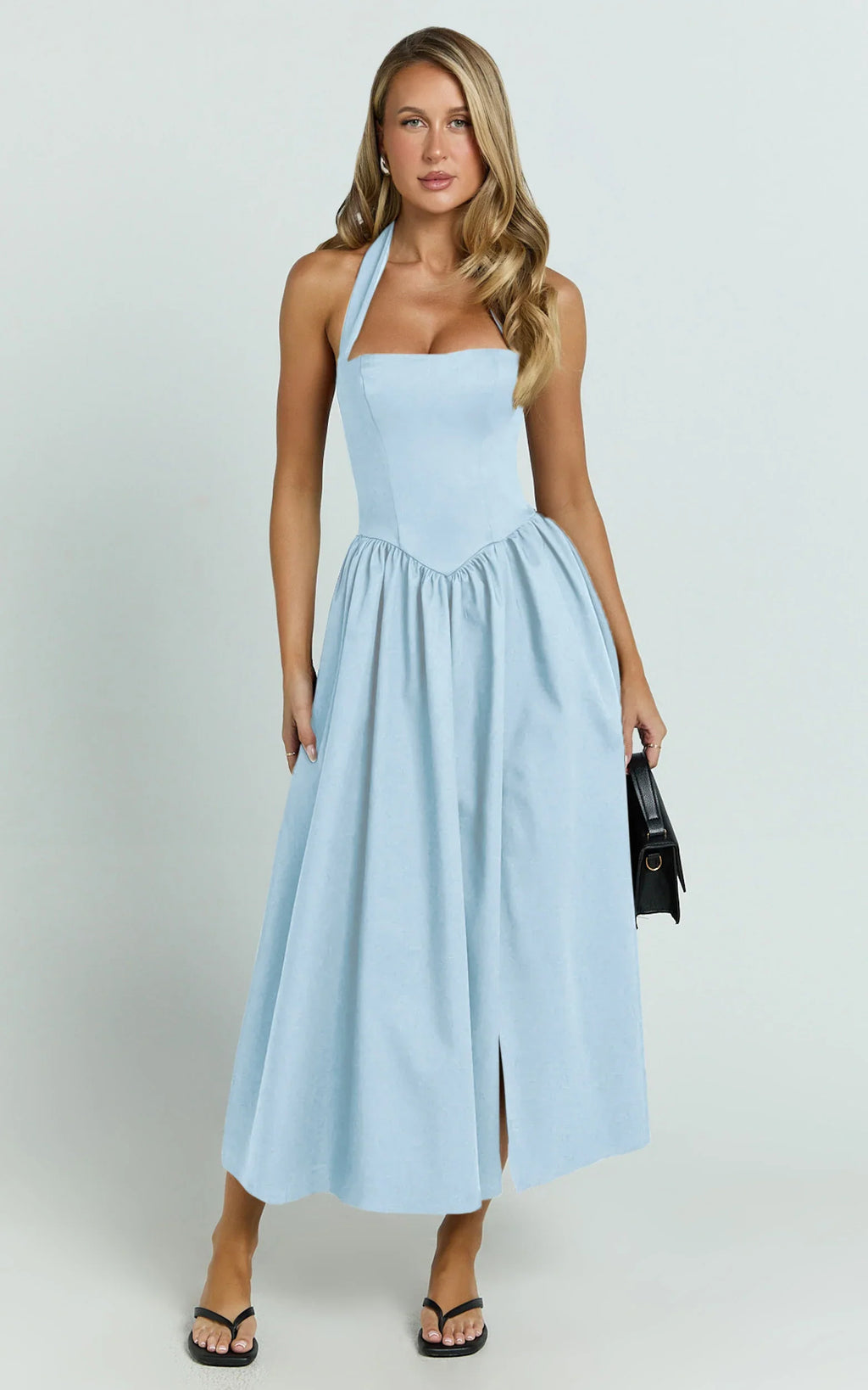Helda Midi Dress - Halter Tie Neck Corset Panel Dress in Soft Blue