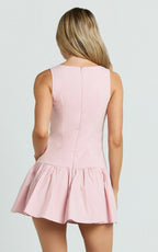 Izira Mini Dress - Boat Neck Drop Waist Shift Dress in Pink