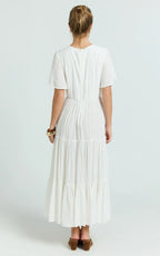 Cryzel Midi Dress - Flutter Sleeve Tiered Dress in White