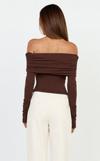 Jolie Top - Off Shoulder Long Sleeve Gathered Top in Chocolate