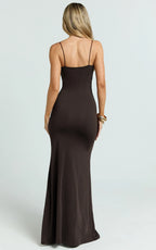 Edna Maxi Dress - Straight Neck A Line Maxi Dress in Choc