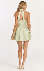 Vionette Mini Dress - Halter Neck Ruched Bust Corset Dress in Sage