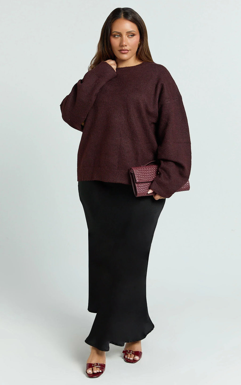 Amanda Jumper - Crew Neck Long Sleeve Knit Sweater in Burgundy