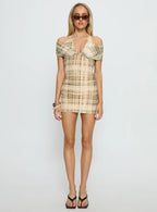 Head Start Layered Mini Dress Beige Plaid