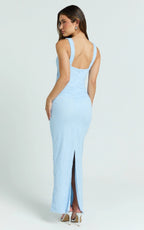 Selene Maxi Dress - Lace Front Twist Cut Out Bodycon Dress in Baby Blue