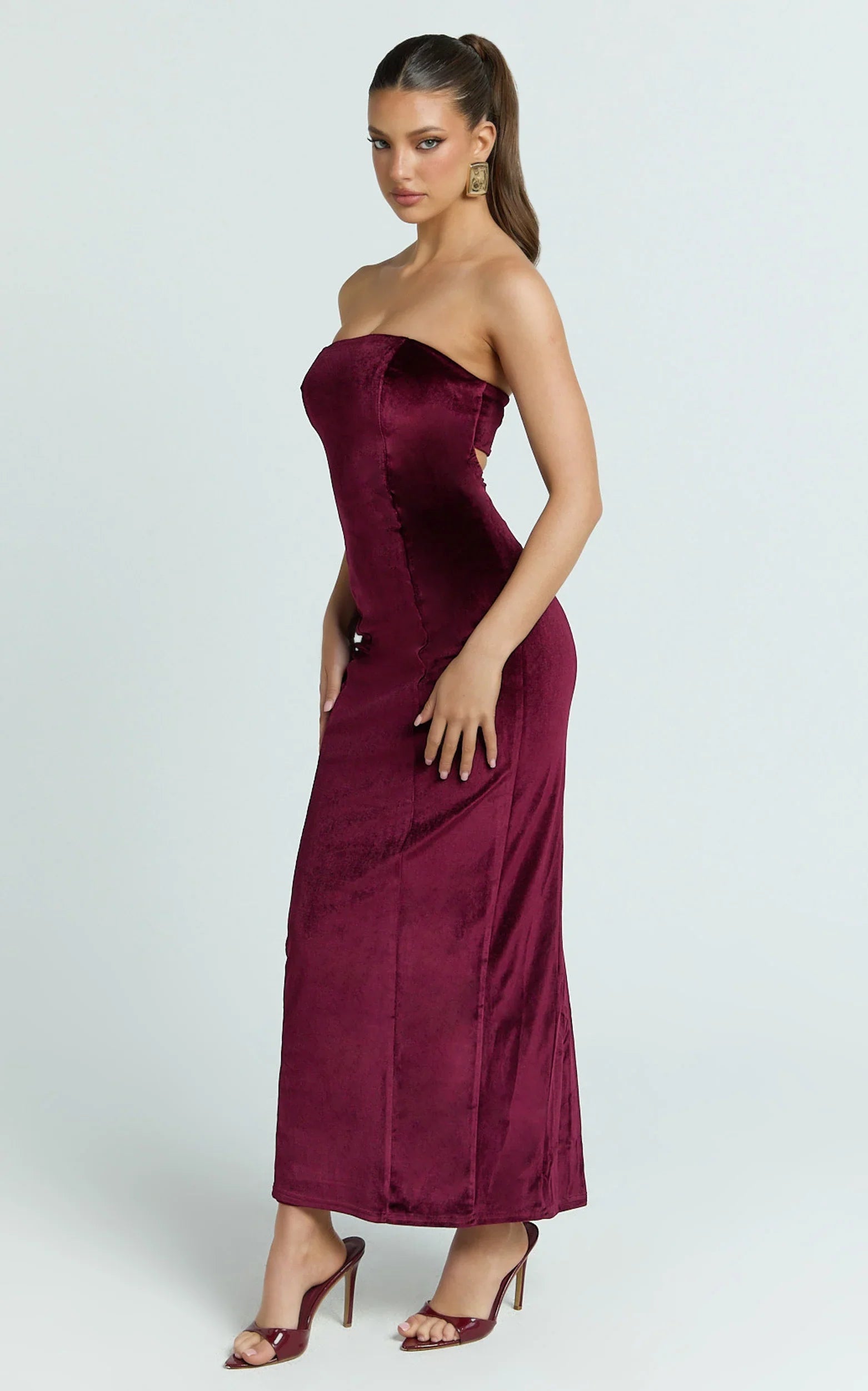 Cartia Midi Dress - Velvet Strapless Bodycon Dress in Wine