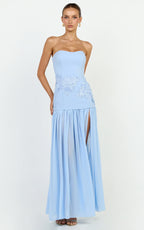 Jefferies Maxi Dress - Peplum Bodice Contrast Georgette Dress in Light Blue