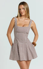 Sophia Mini Dress - Drop Waist Fit And Flare Mini Dress in Chocolate Gingham