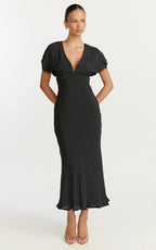 Desiree Midi Dress - V Neck Flutter Short Sleeve Slip Dress in Black