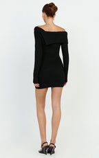 Tess Mini Dress - Asymmetric Off Shoulder Long Sleeve Knit Dress in Black