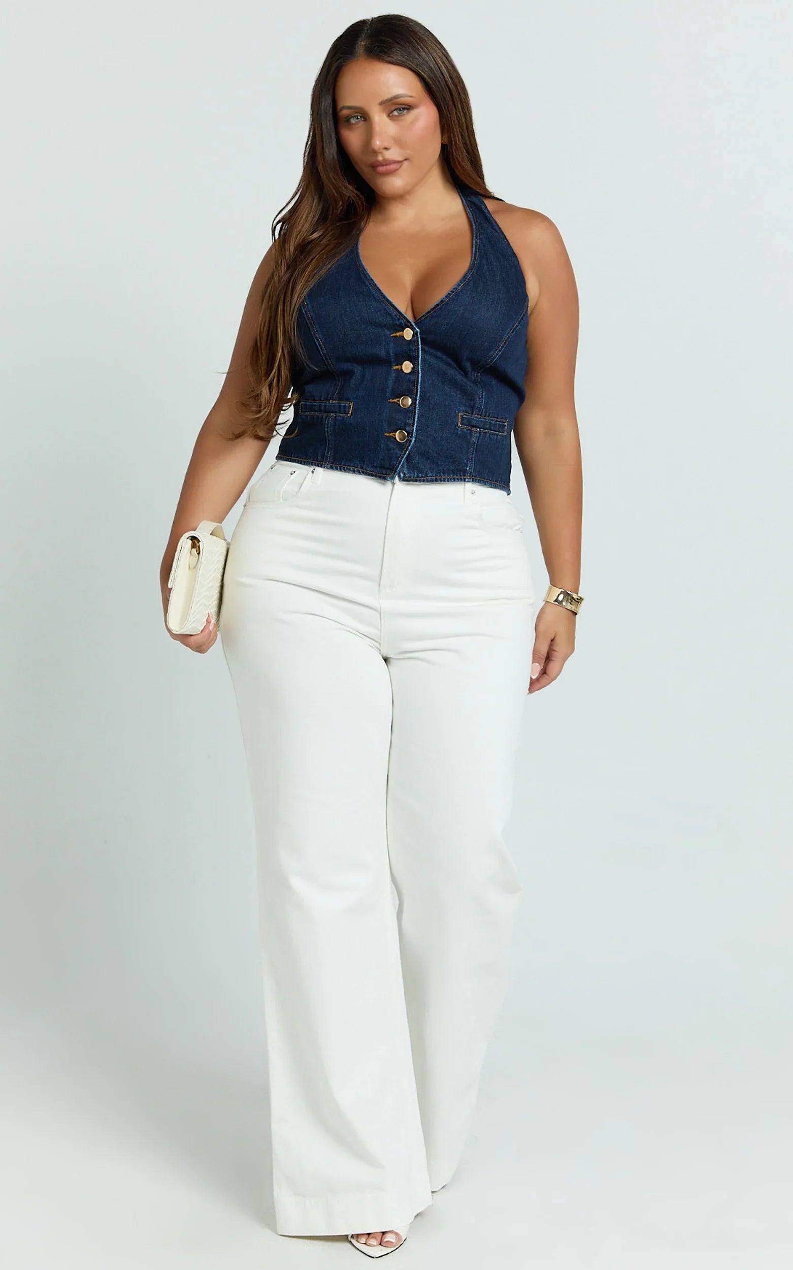 Walton Vest - Halter Neck Button Down Crop Recycled Denim Vest in Indigo Wash
