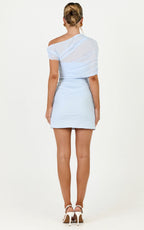 Nami Mini Dress - Overlay Off Shoulder Draped Cowl Waist Dress in Light Blue