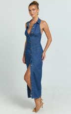 Olga Midi Dress - Denim Collared Button Down Bodycon Dress in Mid Blue Wash