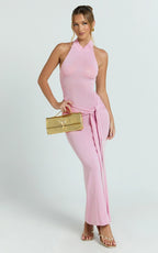 Berkley Maxi Dress - Knit Turtle Neck Tie Waist Dress in Pink