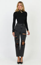 Billie Jeans - High Waisted Cotton Distressed Mom Denim Jeans in Black Wash