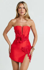 Dolores Mini Dress - Strapless Plunge Bodycon Leg Split Dress in Red
