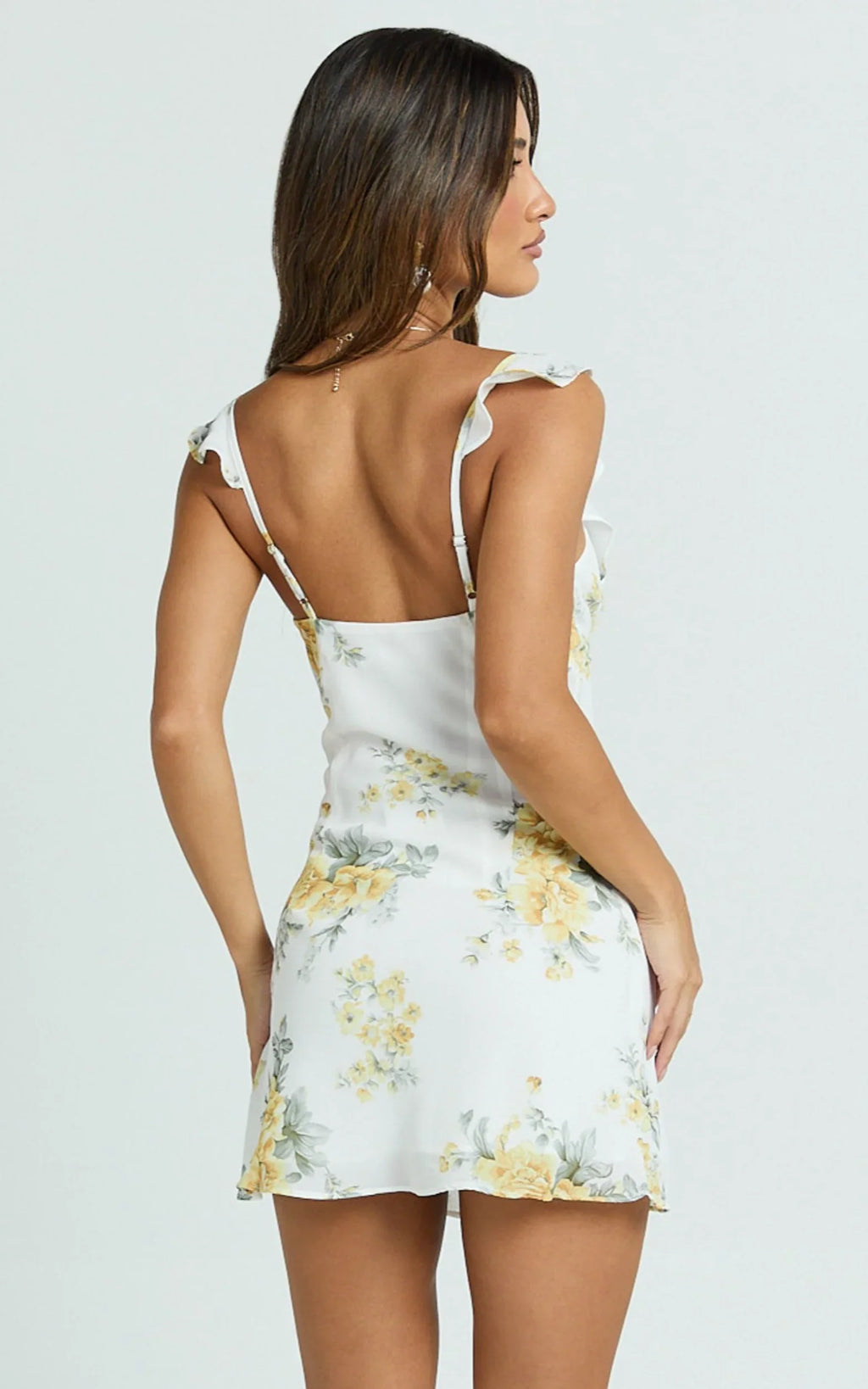Azra Mini Dress - Georgette Frill Shoulder Sweetheart A Line Dress in Antique Florals