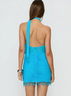 Loraina Scarf Beaded Mini Dress Blue