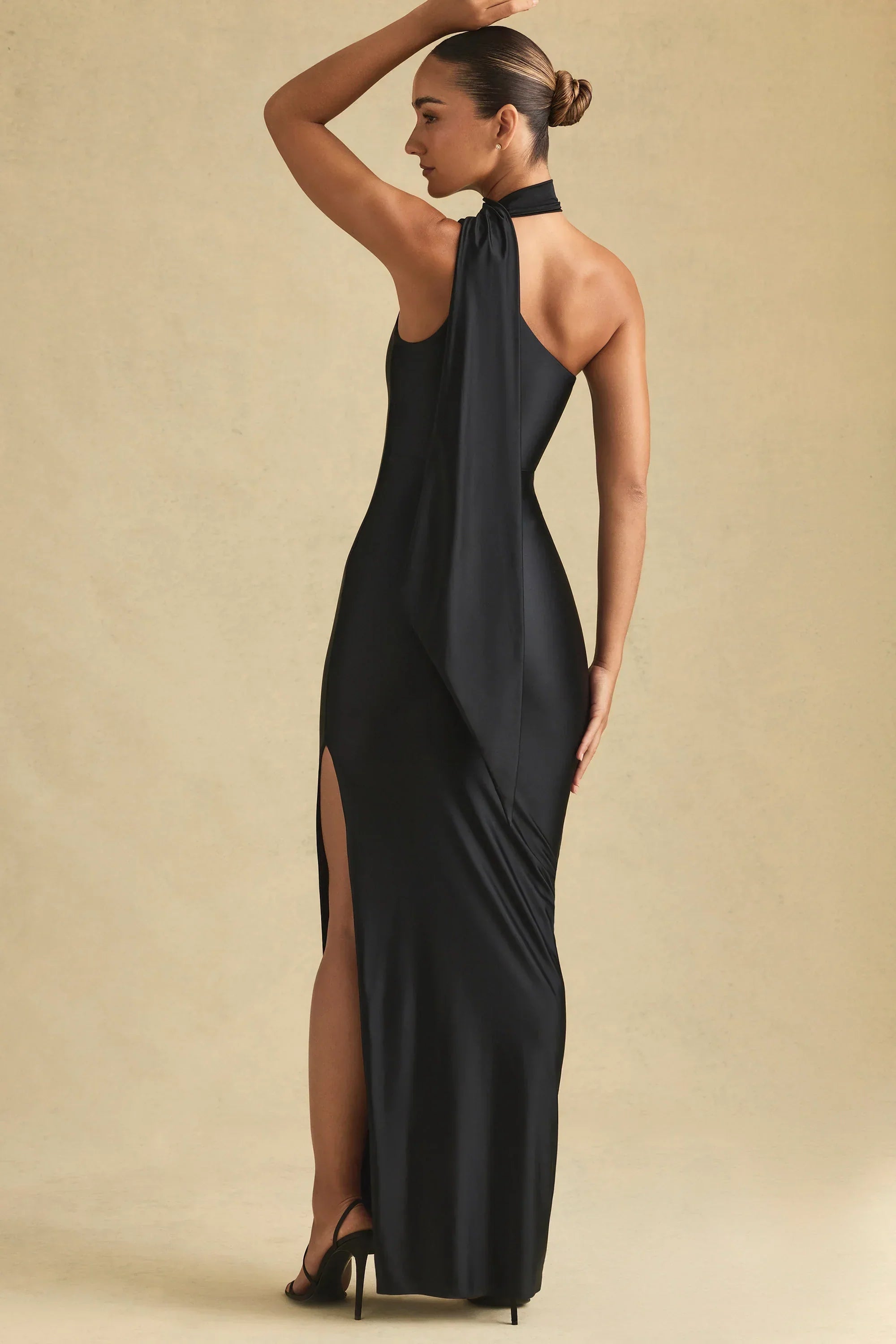 Kateproms Asymmetric Scarf-Detail Maxi Dress in Black