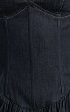 Betchie Mini Dress - Neck Strappy Drop Waist Gathered Skirt Denim Dress in Dark Raw Denim