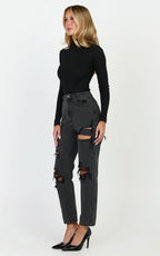 Billie Jeans - High Waisted Cotton Distressed Mom Denim Jeans in Black Wash