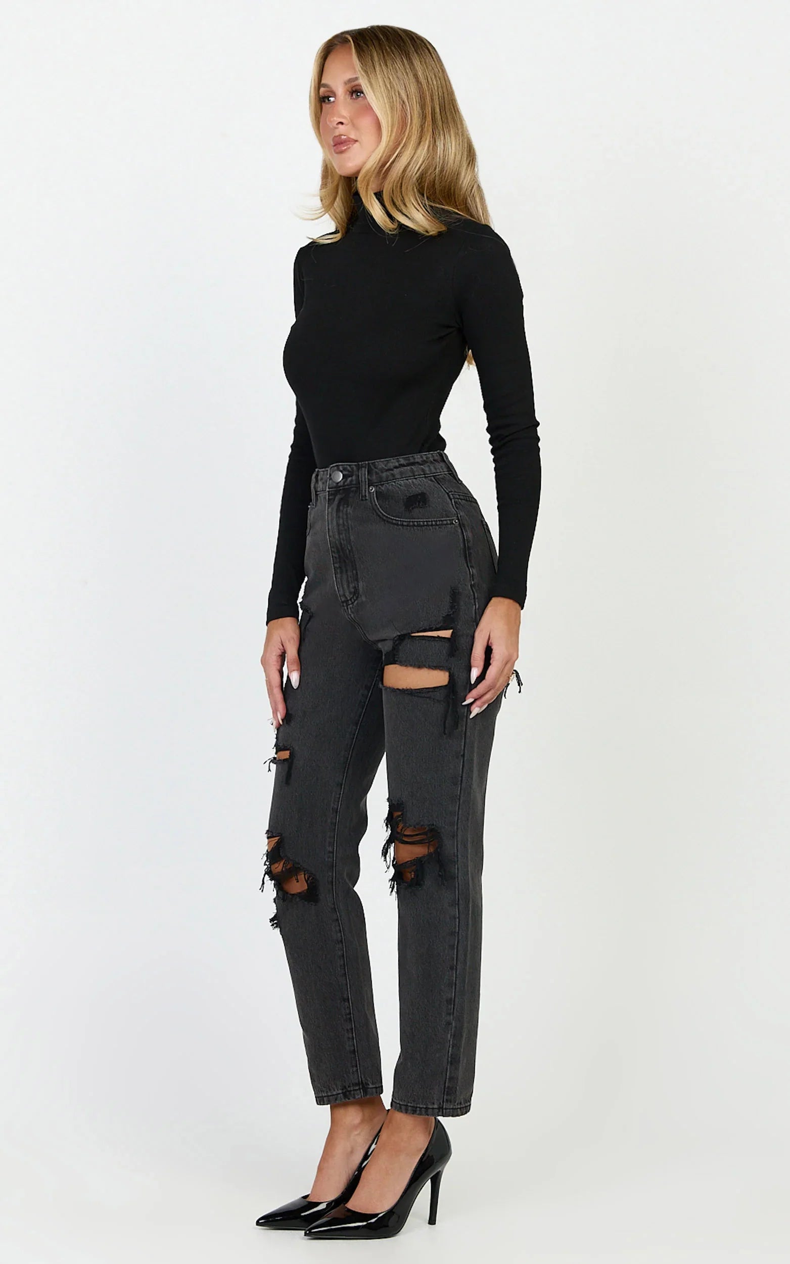 Billie Jeans - High Waisted Cotton Distressed Mom Denim Jeans in Black Wash
