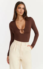 Ricki Bodysuit - Plunge Neck Long Sleeve Bodysuit in Chocolate