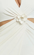 Cleo Maxi Dress - Halter Neck Floral Trim Cut Out Fitted Dress in Ivory