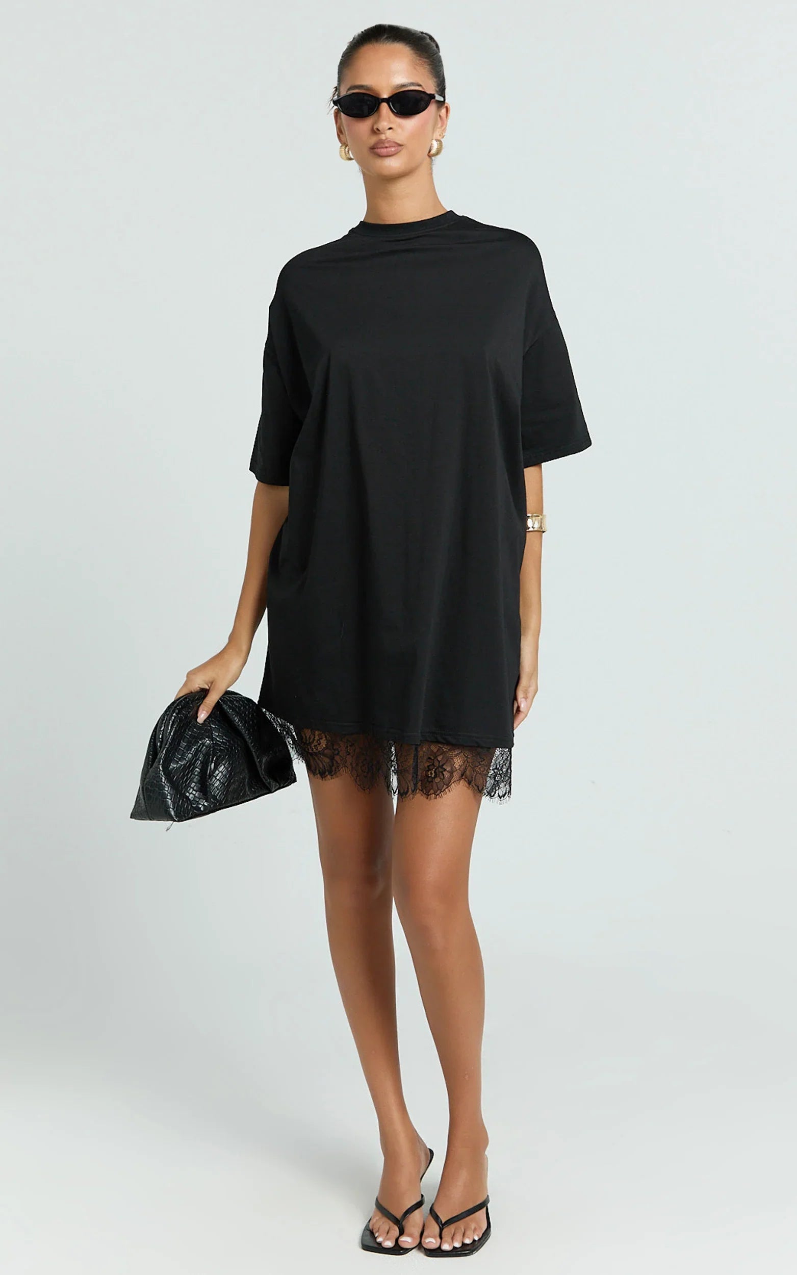 Rina Mini Dress - Mini Lace Trim Dress in Black