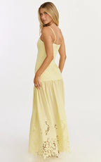 Everly Maxi Dress - Straight Neck Broderie Cut Out Hem Dress in Lemon