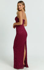 Carli Maxi Dress - Adjustable Strap Corset Bodycon Lace Dress in Wine