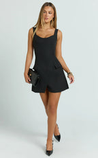 Rachel Mini Dress - Square Scoop Neck Buckle Pocket Leg Split Knee Length Dress in Black
