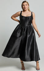 Courtney Midi Dress - Corset Panel Low Back Dress in Black