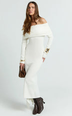 Karina Midi Dress - Long Sleeve Folded Off Shoulder Asymmetric Dress in Cream