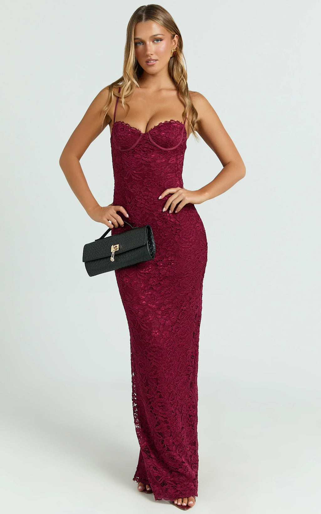 Carli Maxi Dress - Adjustable Strap Corset Bodycon Lace Dress in Wine