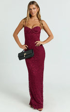 Carli Maxi Dress - Adjustable Strap Corset Bodycon Lace Dress in Wine