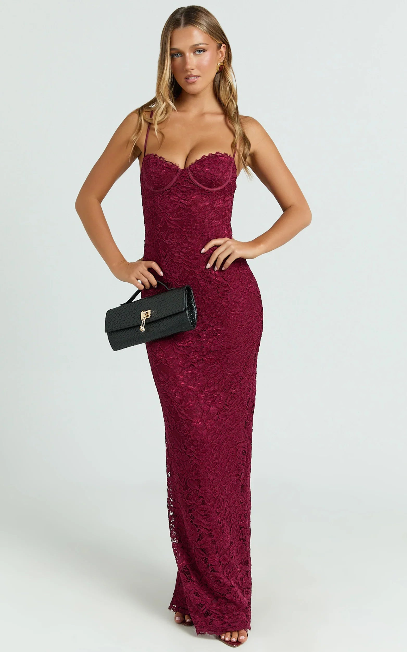 Carli Maxi Dress - Adjustable Strap Corset Bodycon Lace Dress in Wine