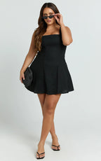 Adiana Mini Dress - Linen Square Neck Shirred Back A Line Dress in Black