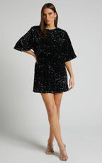 Valetta Mini Dress - Sequin low back shift dress in Midnight Blue Sequin