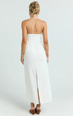 Genni Midi Dress - Strapless A Line Linen Blend Dress in White