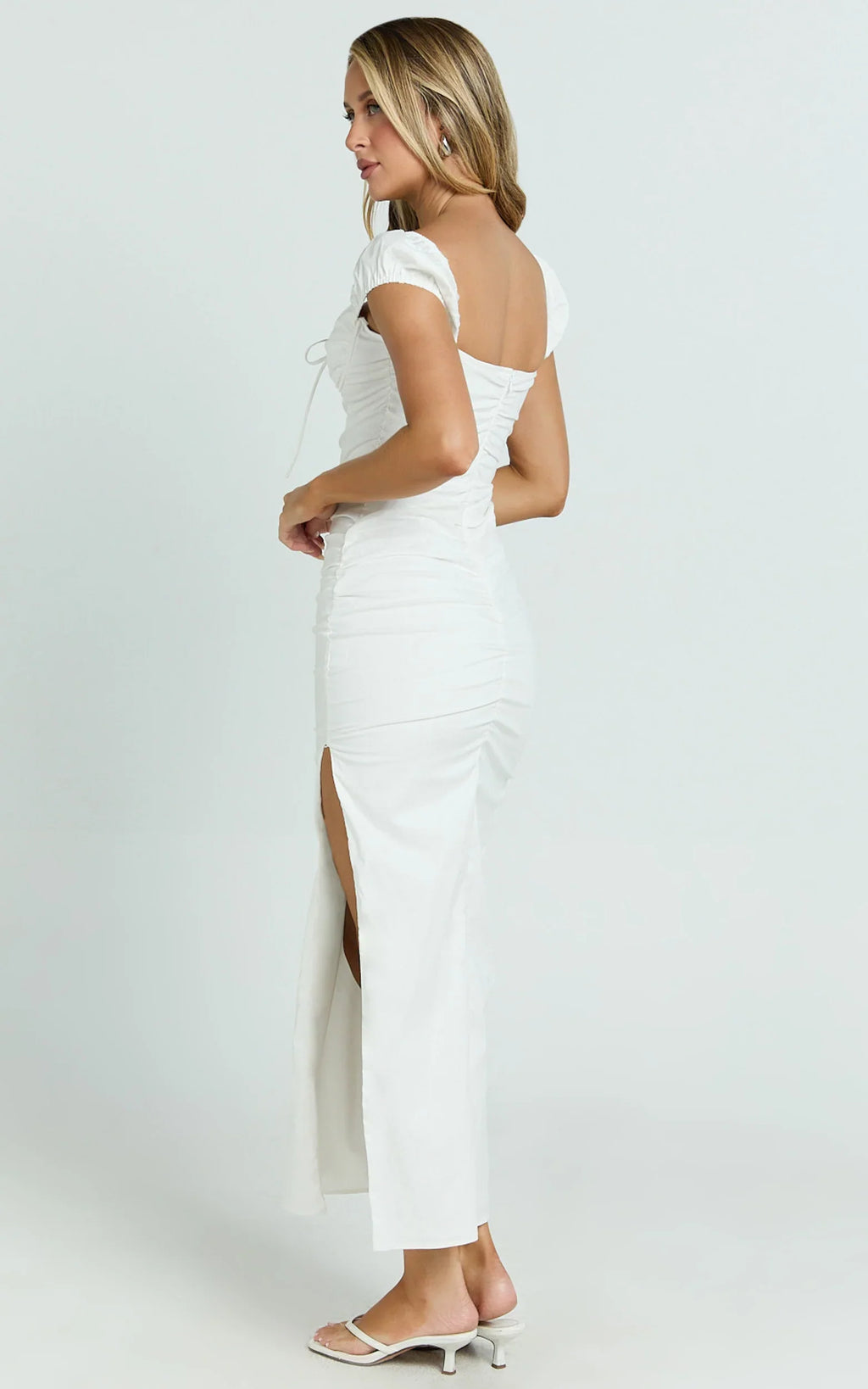 Farrow Midi Dress - Cap Sleeve Ruched Bust Fitted Dress in Off White