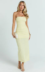 Kayrene Midi Dress - Strapless Bodycon Dress in Butter Yellow