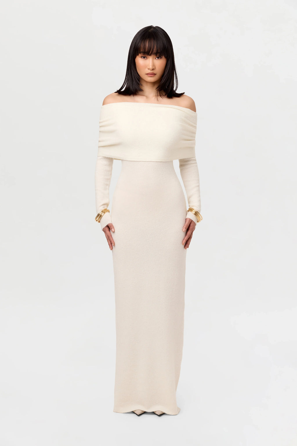 Boucle Knit Off-Shoulder Maxi Dress